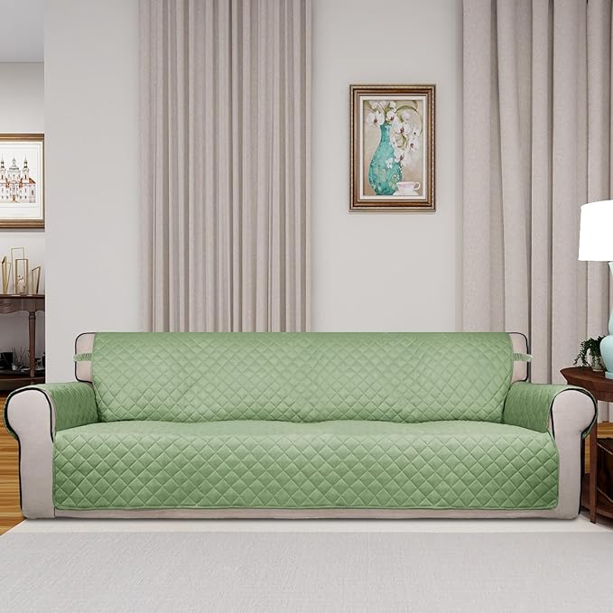 PureFit Reversible Quilted Sofa Cover, Water Resistant Slipcover Furniture Protector, Washable Couch Cover with Non Slip and Elastic Straps for Kids, Dogs, Pets (4 Seater Sofa, Sage Green/Ivory)