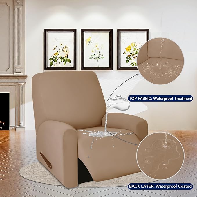 PureFit 100% Dual Waterproof Recliner Cover, Waterproof Couch Cover for Recliner - Stretch Non Slip Fleece Sofa Covers Washable, Leakproof Furniture Protector for Kids, Pets, Dog (Recliner, Camel)