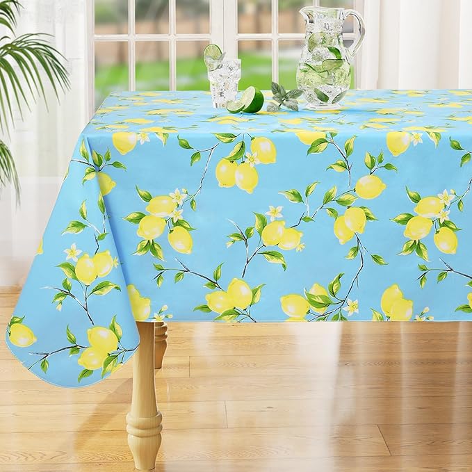 misaya Rectangle Waterproof Vinyl Table Cloth, Wipeable Tablecloth with Flannel Backing, Plastic Table Cover for Dinner, Picnic, Indoor and Outdoor (Lemon, 60" x 120")