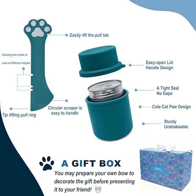 Original Canned Dog Food Storage Container & One Can Spoon | Silicone Can Cover Pet Food Sealer & Cute Paw Shape Opener Spatula | BPA Free, Airtight, Dishwasher & Freezer Safe (Dark Blue+Blue)