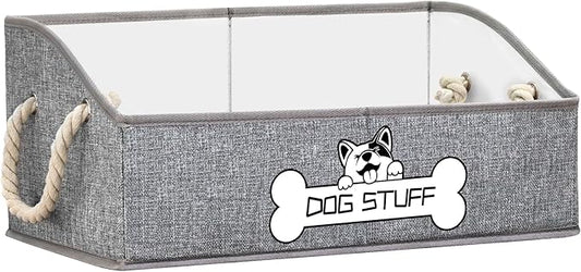 Collapsible Fabric Dog Toy Box and Storage Bin With Handle - Trapezoid Basket Chest Organizer for Pet Toys, Blankets and Accessories,Light Grey