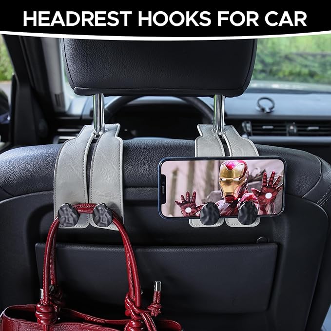 2PCS Leather Car Seat Hooks for Headrest, Vehicle Hanger Storage Organizer Universal for Handbag Purse, Car Accessories Gift (Grey-Black)