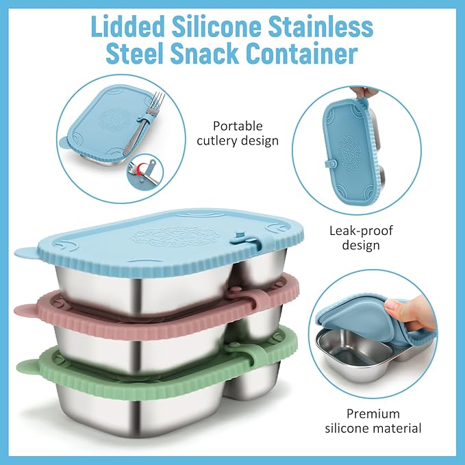 3 Pack Stainless Steel Snack Containers, 2 Compartment Snack Containers with Leakproof Silicone Lids,Divided Meal Prep Lunch Box Food Container for Travel, Outdoor, Camping.（15.84 OZ）