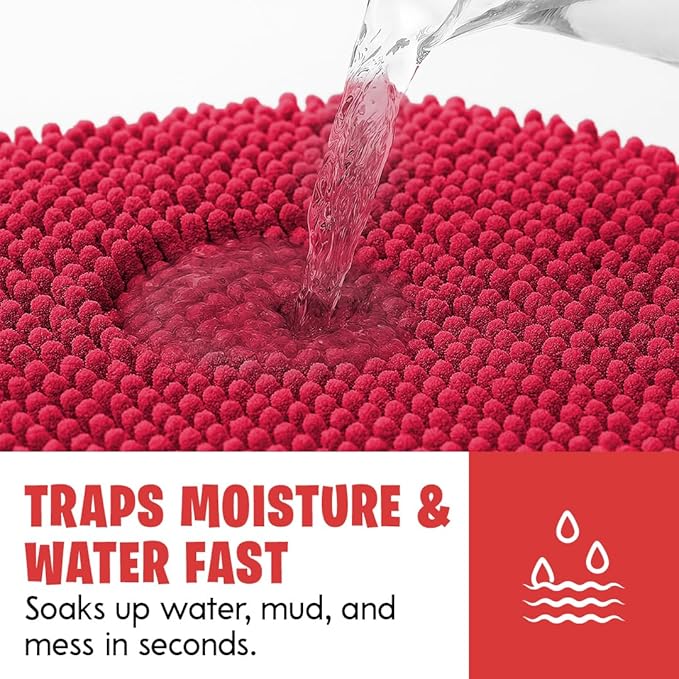 MudGuard Mat™ Dog Door Mat for Muddy Paws, Super Absorbent Microfiber, Non-Slip Indoor Mat, Quick Dry Chenille Mud Mat for Dogs & Entryway, Washable, Red 24" x 36"