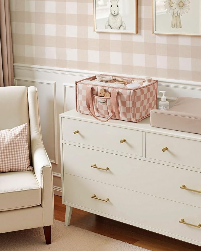 Blissful Diary Checkered Diaper Caddy Organizer, Stylish Nursery Storage Basket, Gift for Baby Shower, Newborn Essentials, Registry Search Must Haves, Pink