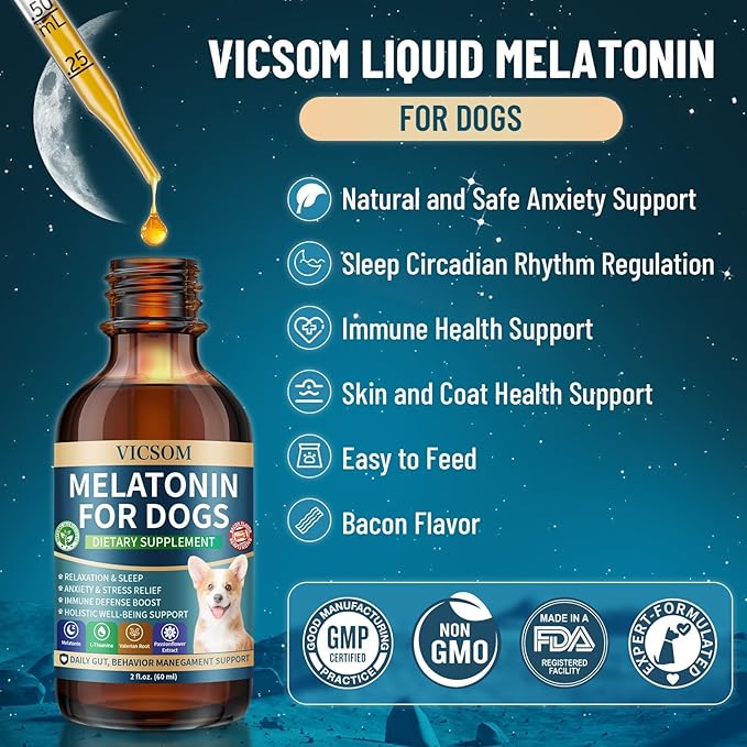 Liquid Melatonin for Dogs, 2 Pack Dog Melatonin for Small Medium Large Dog Sleep Aid, Stress & Anxiety Relief, Calm Aid for Dogs Puppies, Support Relaxation & Deep Sleep, 60ml x2