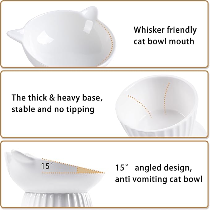 Wellbro Ceramic Raised Cat Bowl，Tilted Raised Cat Bowl Anti Vomit Cat Bowls for Indoor Cats Whisker Friendly Pet Feeder for Cats Puppies, Microwave and Dishwasher Safe