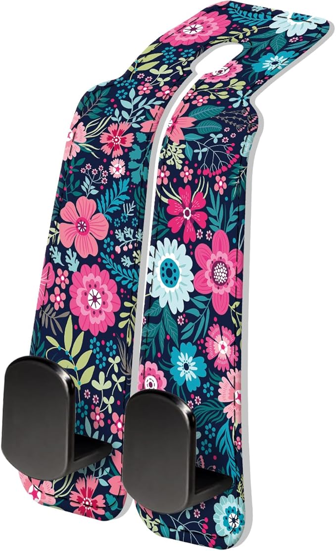 PU Leather Car Seat Hook, Storage Headrest Hanger, Cute Car Backseat Organizer, Car Hooks For Purses and Bags Pink Blue Flowers