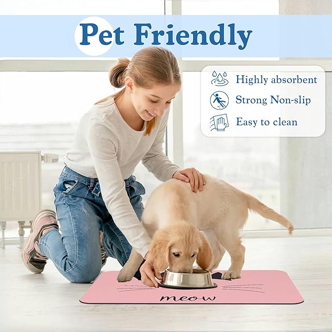 Pink Cat Meow Dog Food Mat–Christmas Stocking Absorbent Quick Dry Feeding Placemat for Food and Water Bowls, Non Slip Rubber Backing, Waterproof Pet Supplies for Mess-Free Eating 16"x24"