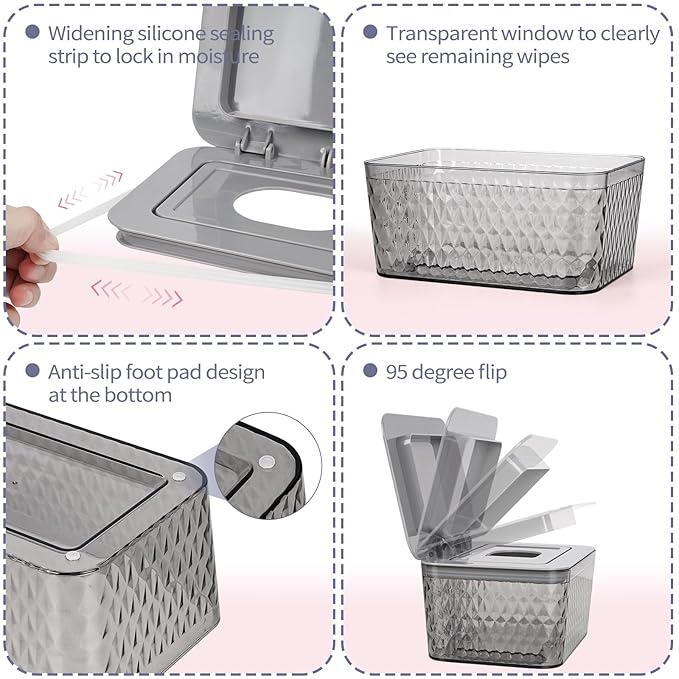 Whiidoom Wipes Dispenser, One-Handed Operation Wipe Holder for Baby & Adult, Seal-Designed Wipes Container for Bathroom Keep Diaper Wipes Fresh (Grey)