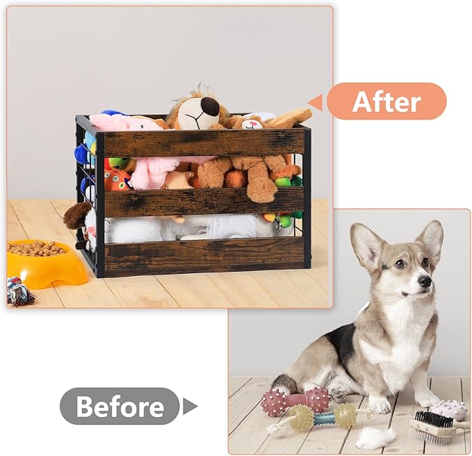 CADUKE Dog Toy Basket, Large Dog Toy Storage Bin for Pet, Metal Dog Toy Box with Handle, Chew-Proof Dog Stuff Organizer for Puppy Leash, Food, Accessories