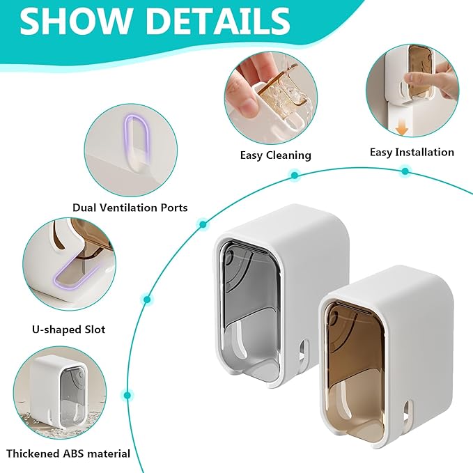 4 Pack Toothbrush Holders for Bathroom, Self Adhesive Wall Mounted Toothbrush Holder with Cover, Single Toothbrush Dispenser Storage Organizer for Family, Travel, Waterproof and Dustproof (Brown)