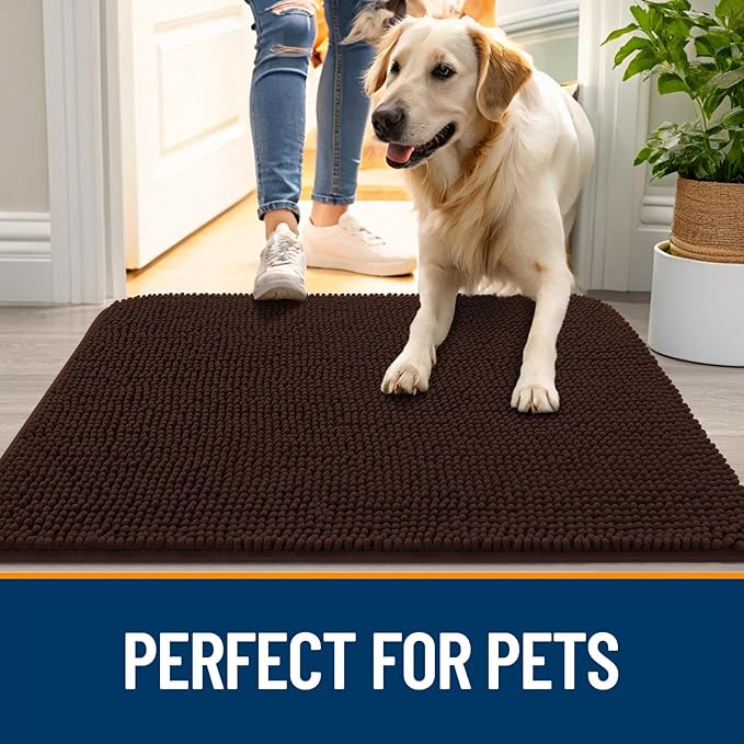 OLANLY Dog Door Mat for Muddy Paws 59x20, Absorbs Moisture and Dirt, Absorbent Non-Slip Washable Doormat, Quick Dry Chenille Mud Mat for Dogs, Entry Indoor Entryway Carpet for Inside Floor, Brown