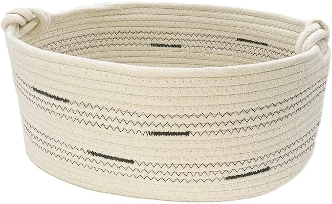 Fhiny Cotton Rope Dog Toy Basket with Handle Puppy Toys Storage Bin Small Woven Rectangle Diapers Pet Kitty Bed Perfect for Carry Pet Chew Toys Blankets Leashes Doggie Stuff - Beige M