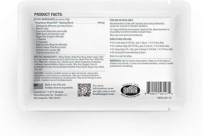 Kradle Bliss Bars for Dogs - Peanut Butter Flavored Calming - GABA L-Theanine - On The Go Packaging - Supports a Calm Demeanor - 12 Bars