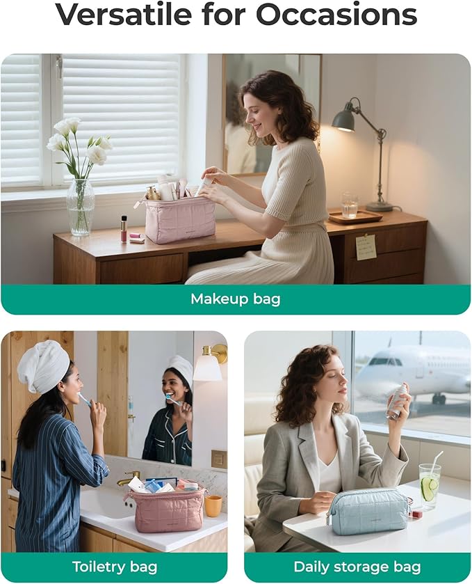 BAGSMART Makeup Bag Travel Toiletry Bag, Puffy Padded Make Up Bags for Women Makeup Organizer Case, Wide-open Pouch Purse Travel Essentials Toiletries Accessories Brushes, Dark Pink