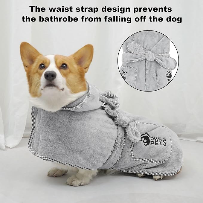Ownpets Dog Bathrobe Towel, Super Absorbent Soft Dog Drying Robe with Cap & Pocket for Bathing & Beach Trips, Microfibre Fast Drying Dog Towel Robe for Dogs and Cats(Small)