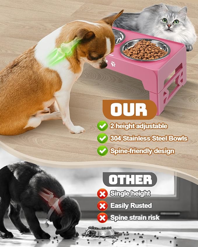 Jovrun Elevated Dog Bowls for Small Medium Large Size Dogs, Non-Slip Dog Feeder with 2 Food Water Bowls, 2-5 Heights Adjustable Raised Bowls Stand