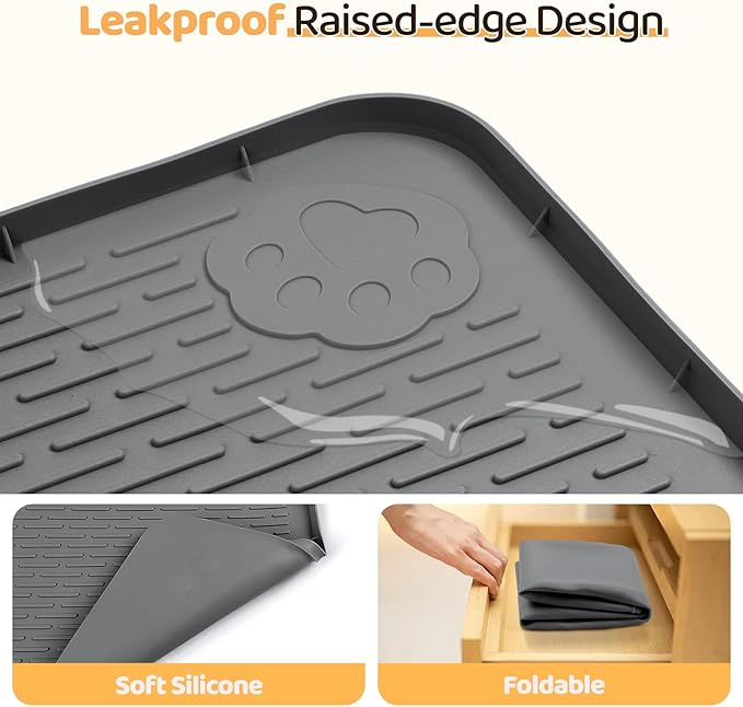 Bartuke Dog Food Mat, Extra Large 34" x 22" Silicone Pet Feeding Mat with Raised Edge Pet Placemat for Small, Medium, and Large Pets Non-Slip, Easy to Clean (Dark Grey)
