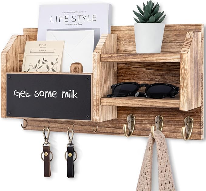 Mail and Key Holder – Wall Mount Key Hanger with Shelf and 7 Metal Hooks – Decorative Natural Paulownia Wood Entryway Organizer with Mounting Hardware (16.5”W x 8.7”H x 3.5”D) (Wood)