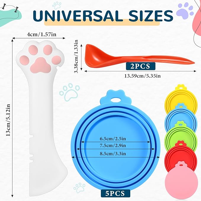 Uiifan Cat Food Lid Cat Food Can Covers Lids 8 Pcs Pet Can Supplies Set 5 Silicone Wet Kitten Foodstuff Tin Covers Lids 2 Silicone Dog Spoons 1 Paw Shape Multifunctional Opener for Pets(Multicolor)