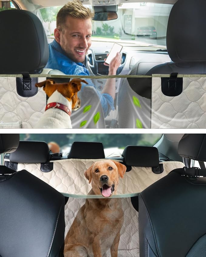 PETICON Dog Car Seat Cover with Mesh Window, 100% Waterproof Pet Seat Cover for Back Seat, Scratchproof Dog Hammock for Cars, Trucks, SUVs, Jeeps, Beige