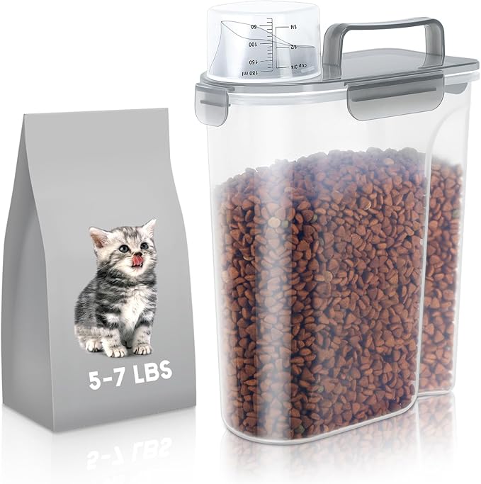 LEAWALK 5-7Lbs Cat Dog Storage Container, Portable Pet Food Containers with Upgraded Large Spout and Cup, Small Animal Kibble Dispenser for Bird Seed, Oatmeal, Rice, Flour (1, Clear Gray, 5L)