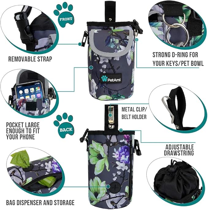 PetAmi Dog Treat Pouch, Large Pet Training Treat Pouch with Pocket, Dog Trainer Essentials Supply Holder with Poop Bag Dispenser, Training Bag for Kibbles Toys, 3 Ways to Wear (Floral Grey)