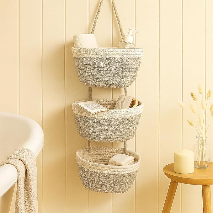 Japanese Handmade Cotton Rope Hanging Basket Organizer – 3 Tier Wall boho Storage Organizer for Toys , Snacks & Décor – Eco-Friendly Coiled Weaving Craft, Housewarming & Shower Gift (White&beige)