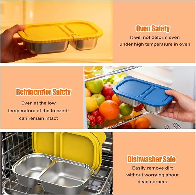 Stainless Steel Snack Containers with Silicone Lids, 4 Pack Reusable 2 Compartment Food Storage Containers, Snackle Box Container Leak-Proof Metal Bento Lunch Box for School, Travel, Home