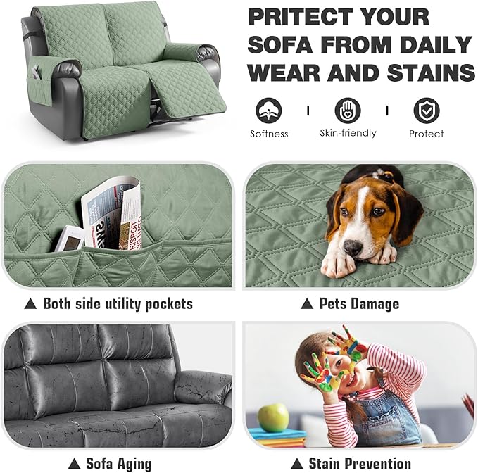 TAOCOCO 100% Waterproof Recliner Couch Covers, Recliner Sofa Covers with Leg Straps, 1-Piece Washable Reclining Sofa Cover with Pocket Couch Protector for Pets Kids(2 Seater, Sage Green)