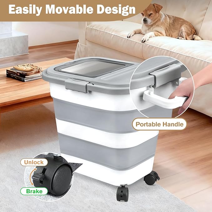 Komzon Rice Storage Container, Collapsible Airtight 10-40 Lb Rice Storage Container, Pet Dog Food Storage Container 25lb, Rice Dispenser Bin with Cup and Scoop for Flour Cereal Pasta Grain, Cat Bird