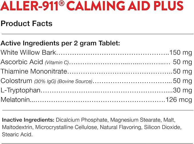 NaturVet Aller-911 Calming Aid & Allergy Aid Dog Supplement – Helps Reduce Stress, Minimize Seasonal Allergy Symptoms, Tension, Excessive Scratching - Includes Melatonin – 30 Ct.