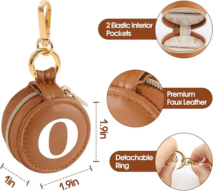 Mini Initial Travel Jewelry Case Ring Holder, Brown Faux Leather Small Jewelry Organizer Box Gifts for Women Girls Nurse Teacher, Gym Travel Accessories Keychain Pouch for Earrings Rings Necklace O