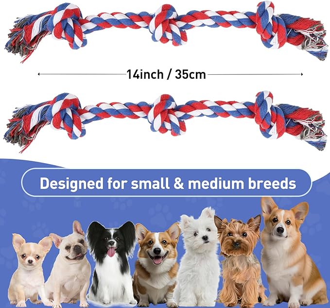 SZEE 2Pcs July 4th Dog Rope Toy for Small Breeds, 14 in 3 Knots Chew Rope Patriotic Toys for Dogs, Pull Toy for Tug of War, Energy Release, Boredom Relief and Teeth Cleaning (Pink & Orange)