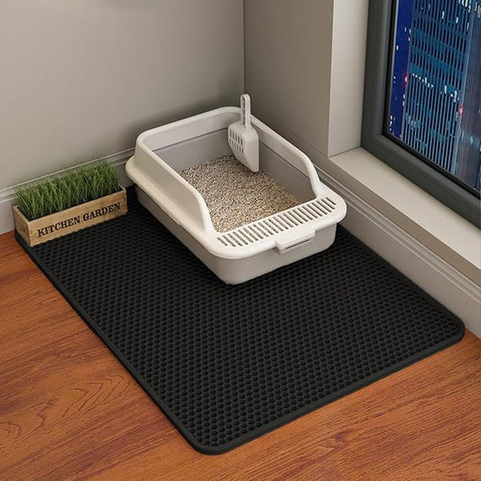 HCY&WLD Cat Litter Mat, 45x26/35x24/30x22/24x18 Inch Double Layer Cat Litter Box Mat, EVA Non-Slip, Waterproof Urine Proof Cat Litter Catcher Mat, Easy Clean Scatter Control (30x22 Inch, Black)