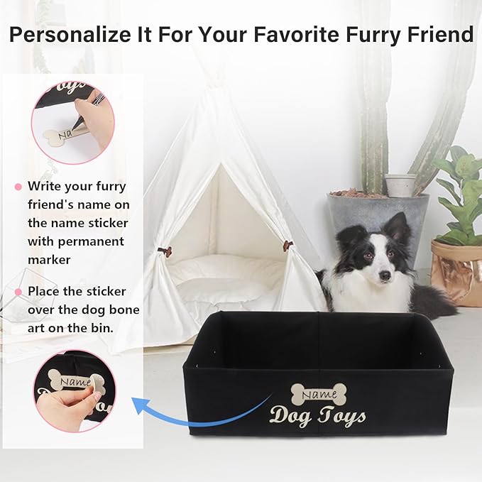 Large Dog Toy Basket Collapsible Dogs Toy Box Fabric Trapezoid Dog Toys Bin Storage for organizing pet Toys/Blankets/leashes/Rope Toys/Clothing-Can be Personalized-Black