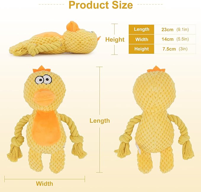 TONYFY Dog Toys, Dog Squeaker Toys with Crinkle Paper, Stuffed Animal Dog Plush Chewing Toy, Cotton Rope Interactive Toys for Puppy, Small, Middle Dogs (Yellow Duck)