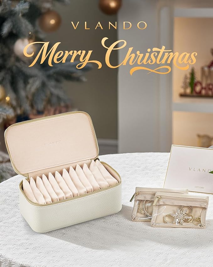 Vlando Jewelry Travel Case,Travel Jewelry Organizer with Clear Velvet Jewelry Bags Zipper Pouch for Women Girl Gift-12Pcs White