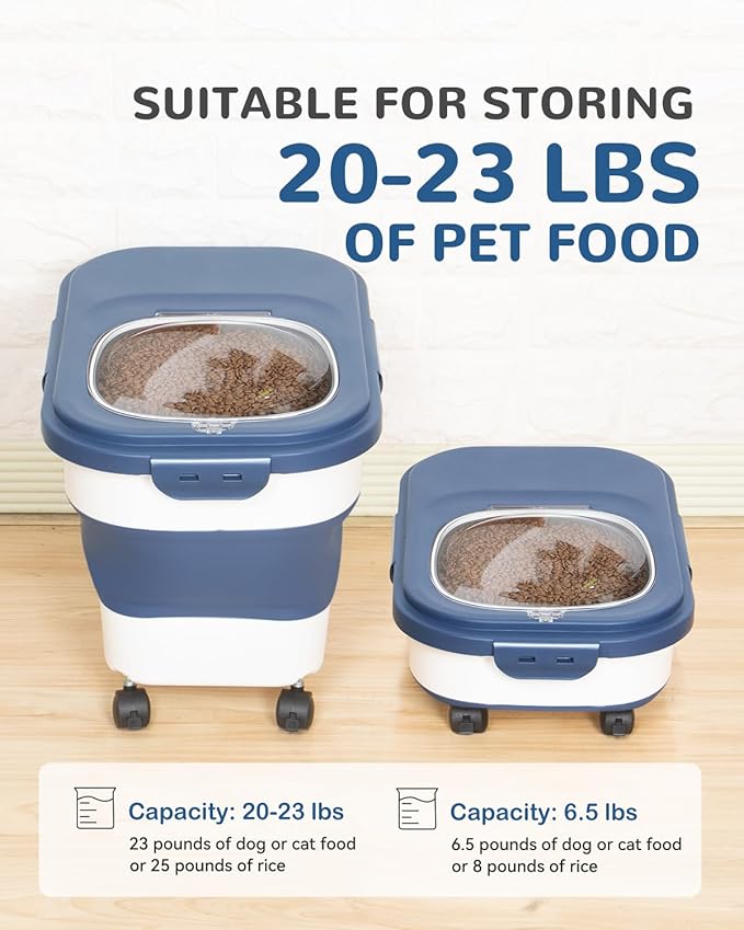 DDMOMMY 20-23 Lbs Dog Food Storage Container - Collapsible Dog Food Container with Wheels Airtight Lids, Scoop and Small Container, Pet Food Storage Dry Food For Dog, Cats and Other Pet (Blue)