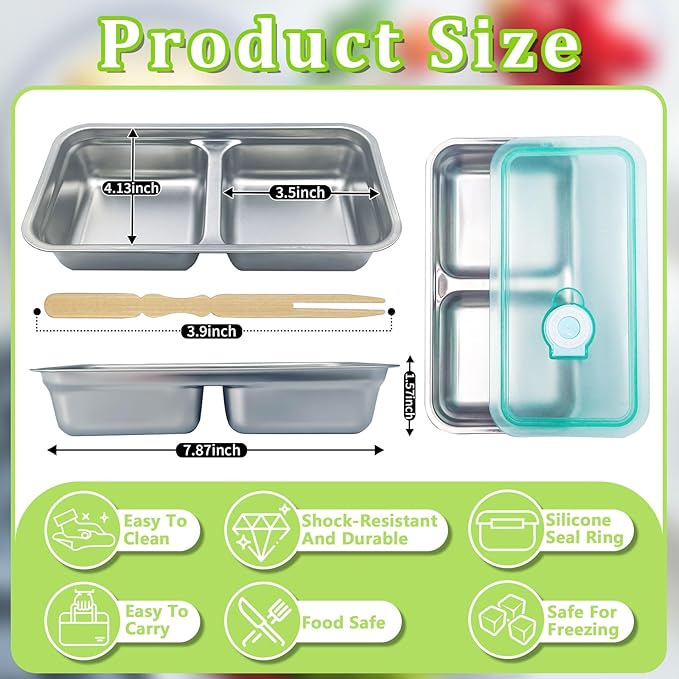 Grab and Go Snack Containers Stainless Steel Reusable, 6 PCS Stainless Steel Double Compartment Lunch Box, Metal Food Storage Containers Home, Travel With 100PCS Mini Bamboo Forks