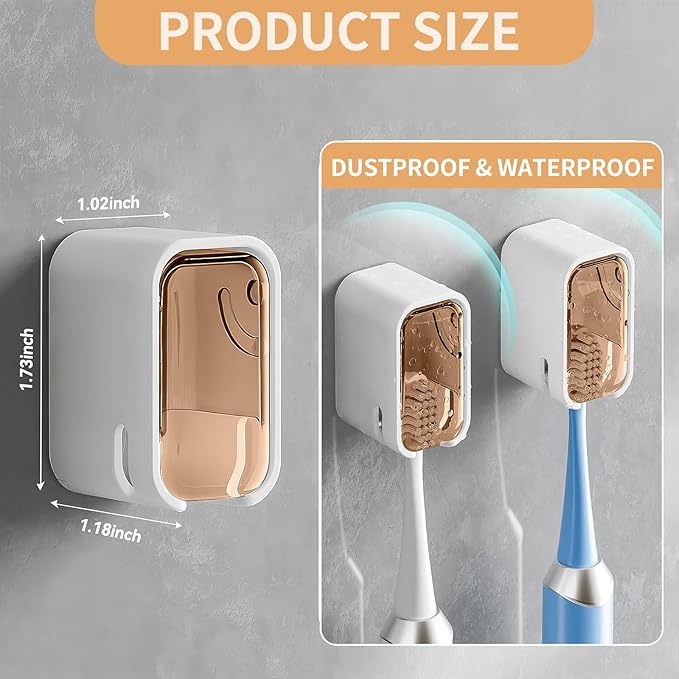 Wall Mounted Toothbrush Holders for Bathroom, 2 Pcs Strong Self Adhesive Tooth Brush Holder with Cover, Toothbrush Heads Organizer for Family, Brown