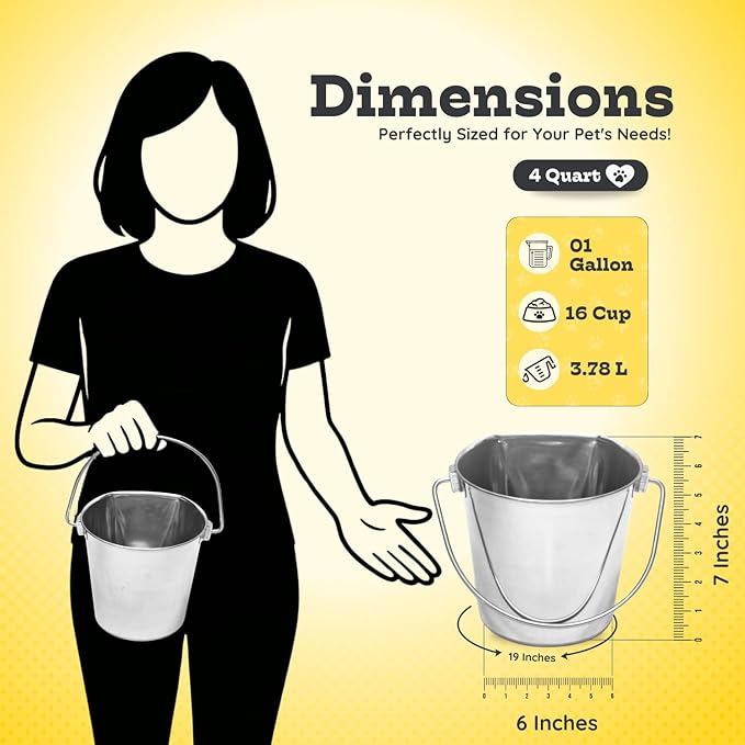 AASPIRE PETS 4 quart Stainless Steel Flat Side Bucket | 1 gal Durable Heavy Duty Food & Water Feeding Pails for Birds Dogs Cats Goat | Fits kennels Cages Critter Crates Hanging Pet Pail | Multipurpose