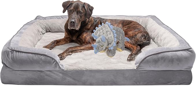 FurHaven Cooling Gel Dog Bed & goDog Toy - Squeaky Plush Dino with Chew Guard Technology for Large Dogs - Plush & Velvet Waves Perfect Comfort Sofa - Granite Gray, Jumbo Plus/XXL