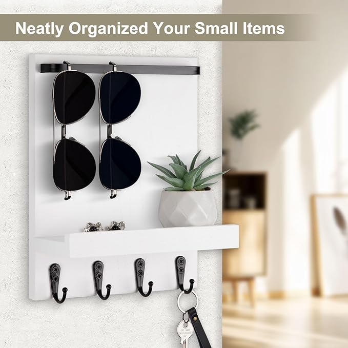 Lucundm Key Holder Wall Mount, Key Holder for Wall with 4 Hooks, Farmhouse Key Hanger Holds Dog Leash, Sunglasses – Decorative Mail Organizer Home Decor (White)