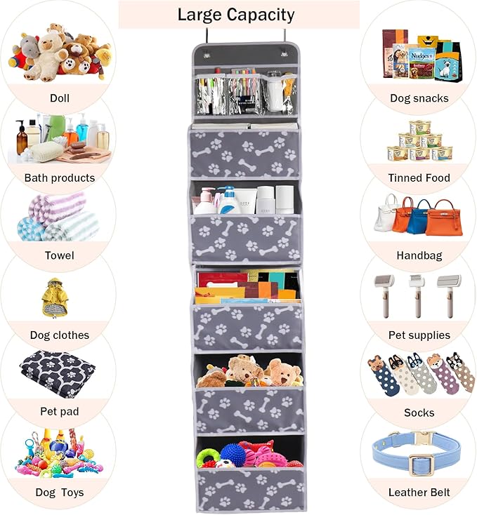 Dog Toy Basket,5-Shelf Hanging Organizer for Dog Toys,Over Door Basket for Dogs with 2 Metal Hooks,5 Pockets Organizer for Dog Leash Harness Toys Treats-62.5''(Height)-Bone Claw Print