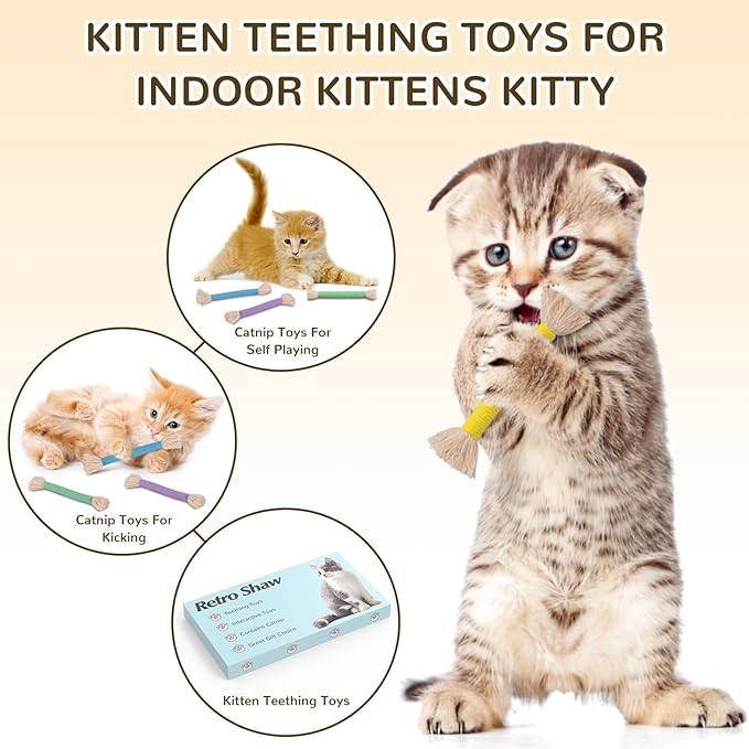 Retro Shaw 6Pcs Kitten Toys Chew Rope, Safe Teeth Cleaning Cat Toys for Indoor Kittens, Soft Cotton Interactive Refillable Catnip Toy for Cats Nip Kicker 6.1 Inches