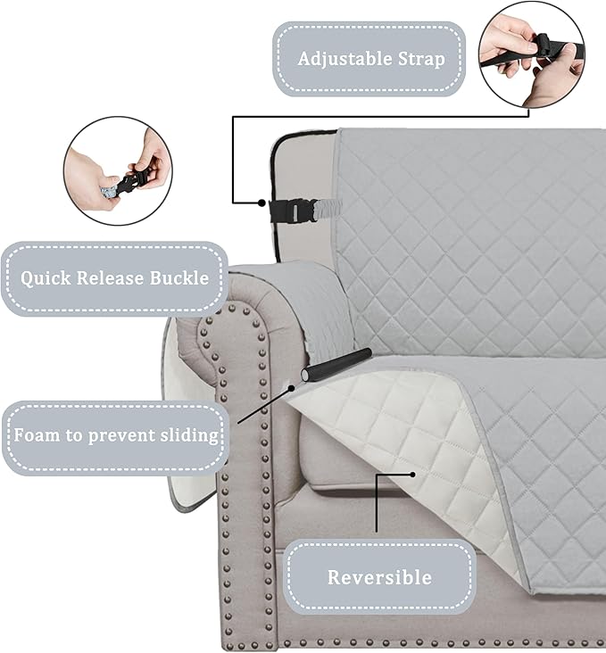 Easy-Going Reversible Chair Cover Washable Sofa Cover for Dogs Water Resistant Couch Slipcover Furniture Protector Cover with Adjustable Straps for Pets (Chair 30 in, Light Gray/Ivory)