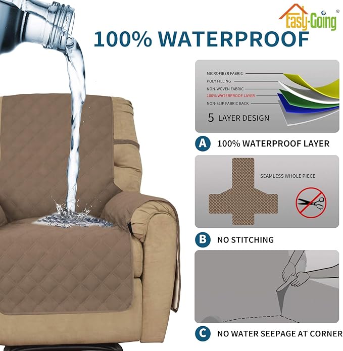 Easy-Going Sofa Slipcover Waterproof Oversized Recliner Chair Cover Non-Slip Fabric Couch Cover for Living Room Washable Furniture Protector for Pets Kids Children Dog Cat (Large Recliner, Brown)
