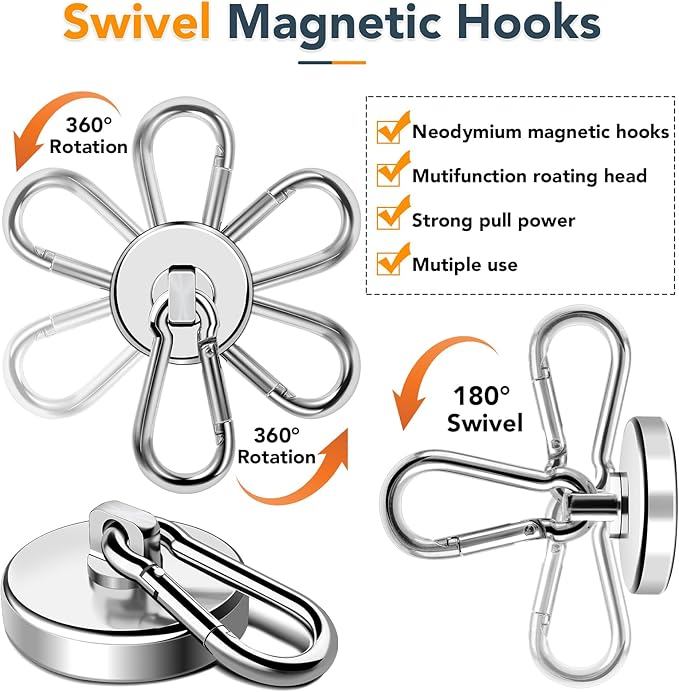MIKEDE 150LB Magnetic Hooks, Neodymium Magnets Heavy Duty with Swivel Carabiner Hooks, Strong Rare Earth Magnets with Hooks for Garage, Kitchen, Cruise Cabin, Office - 3 Pack